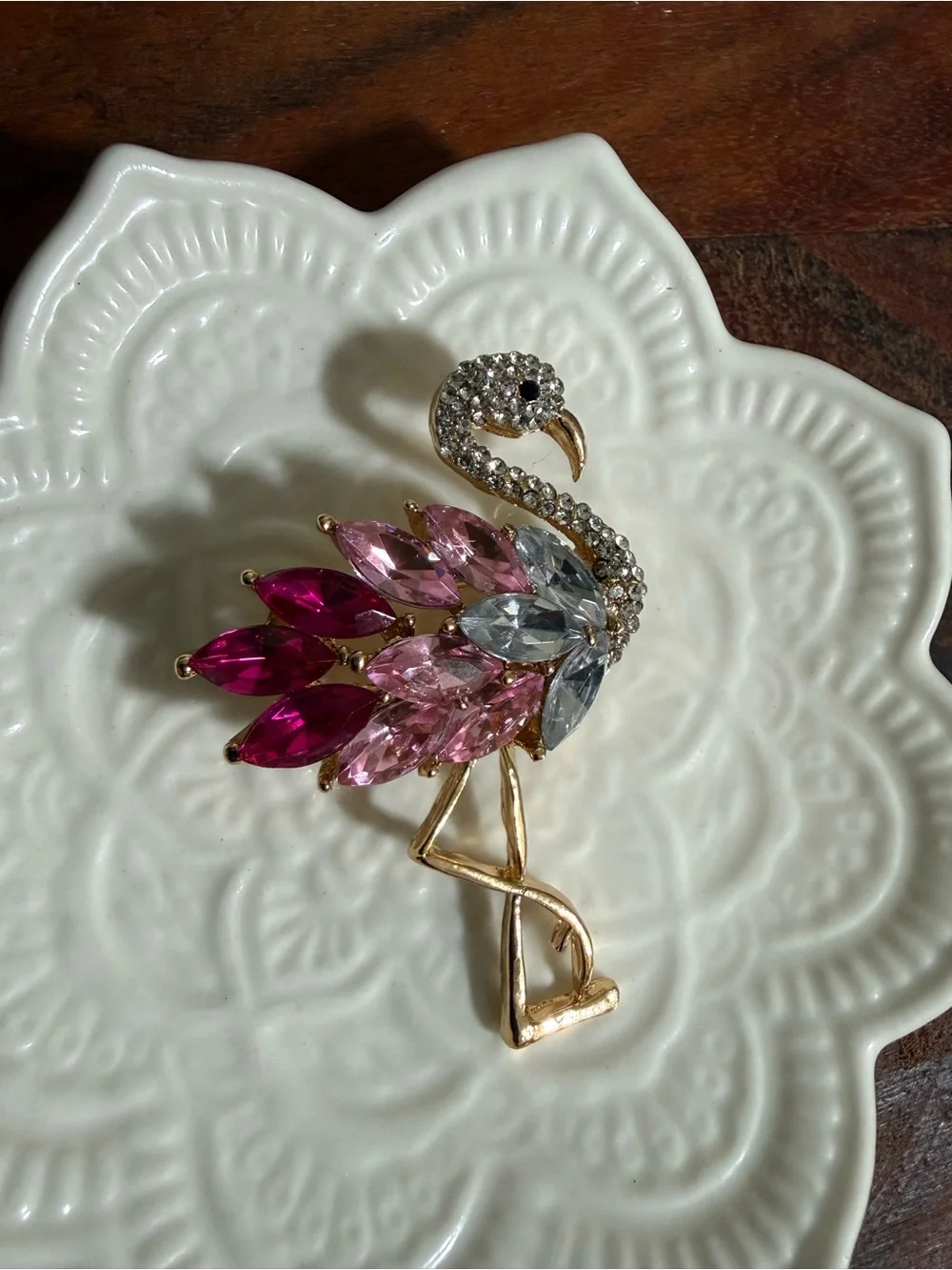 New sparkling gold-tone flamingo brooch adorned with pink and clear crystals